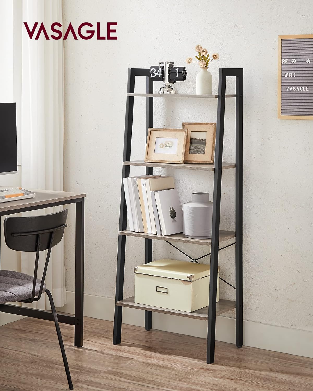 4-Tier Ladder Bookshelf – Industrial Storage Rack with Steel Frame for Living Room & Home Office