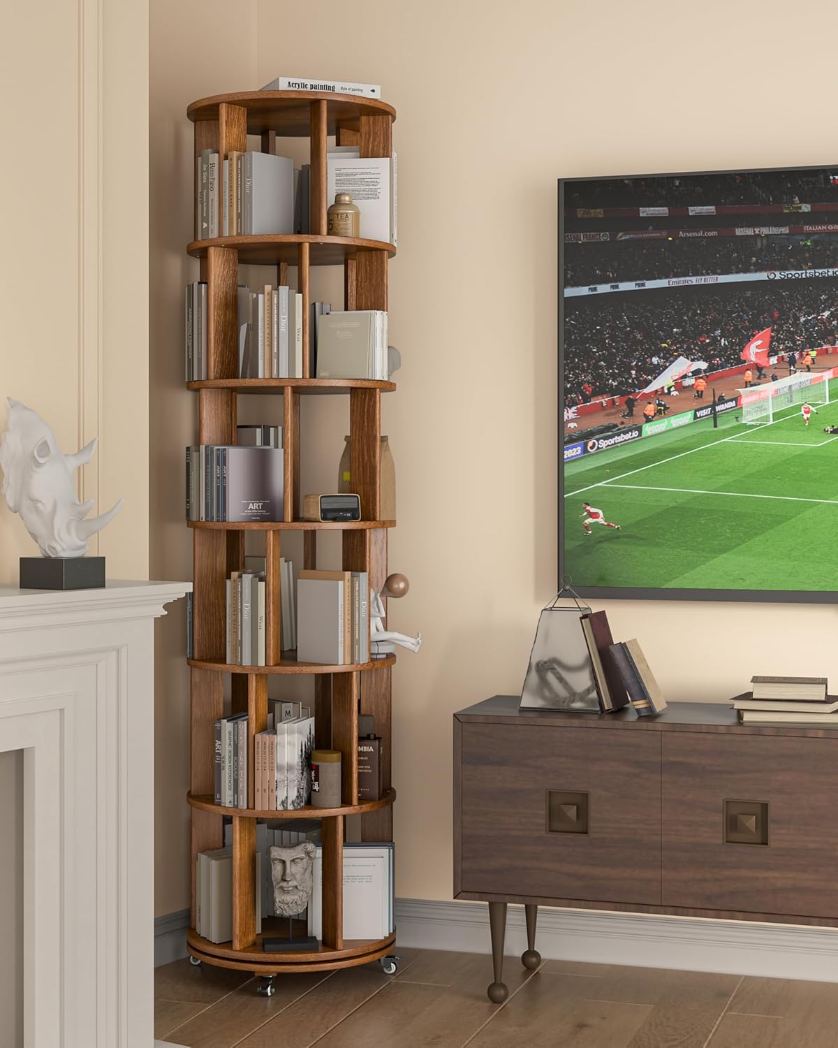 360° Rotating Solid Wood Bookshelf – Space-Saving Organizer for Modern Living