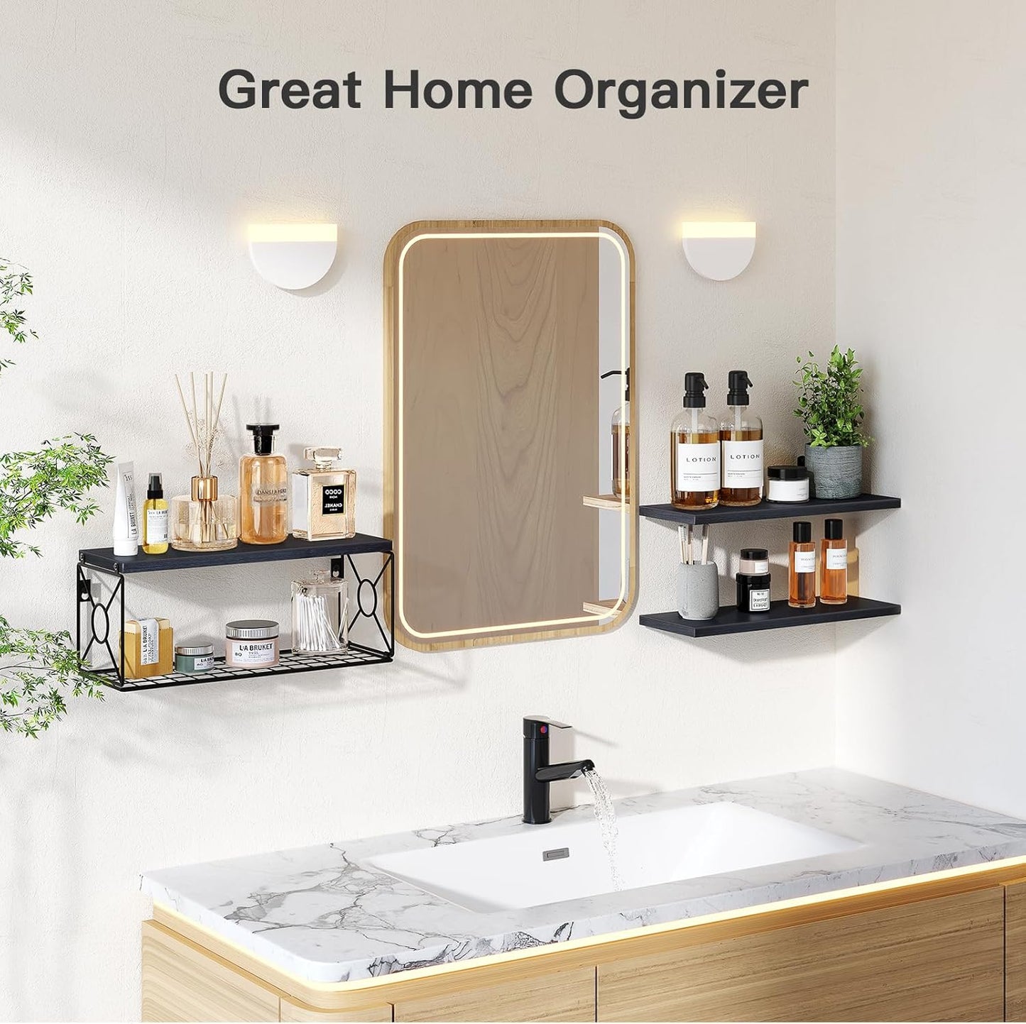 Floating Wall Shelves with Storage Basket – Natural Wood Bathroom & Home Organizer