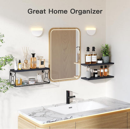 Floating Wall Shelves with Storage Basket – Natural Wood Bathroom & Home Organizer