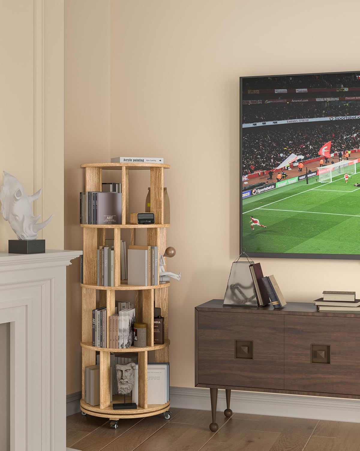 360° Rotating Solid Wood Bookshelf – Space-Saving Organizer for Modern Living