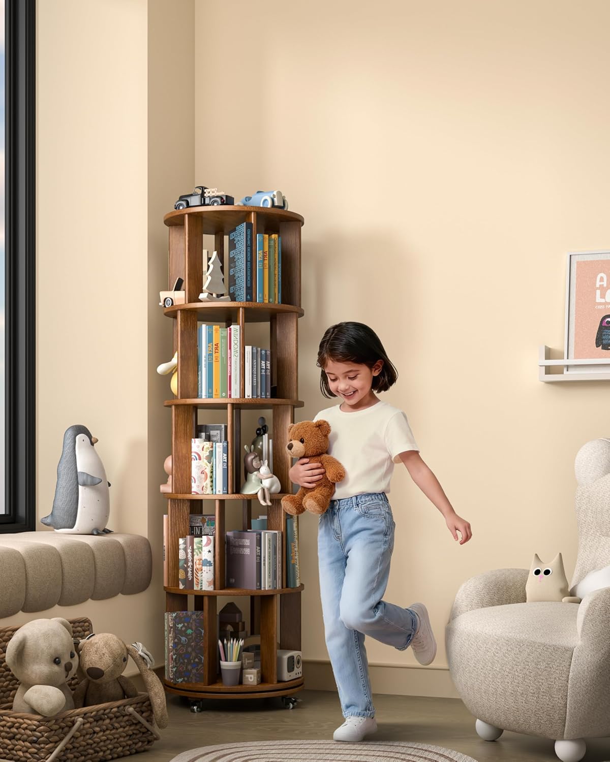 360° Rotating Solid Wood Bookshelf – Space-Saving Organizer for Modern Living