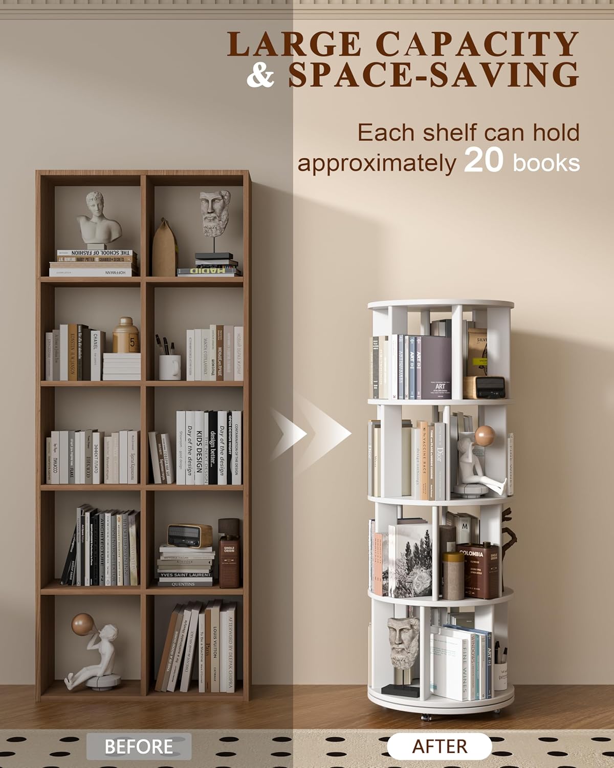 360° Rotating Solid Wood Bookshelf – Space-Saving Organizer for Modern Living
