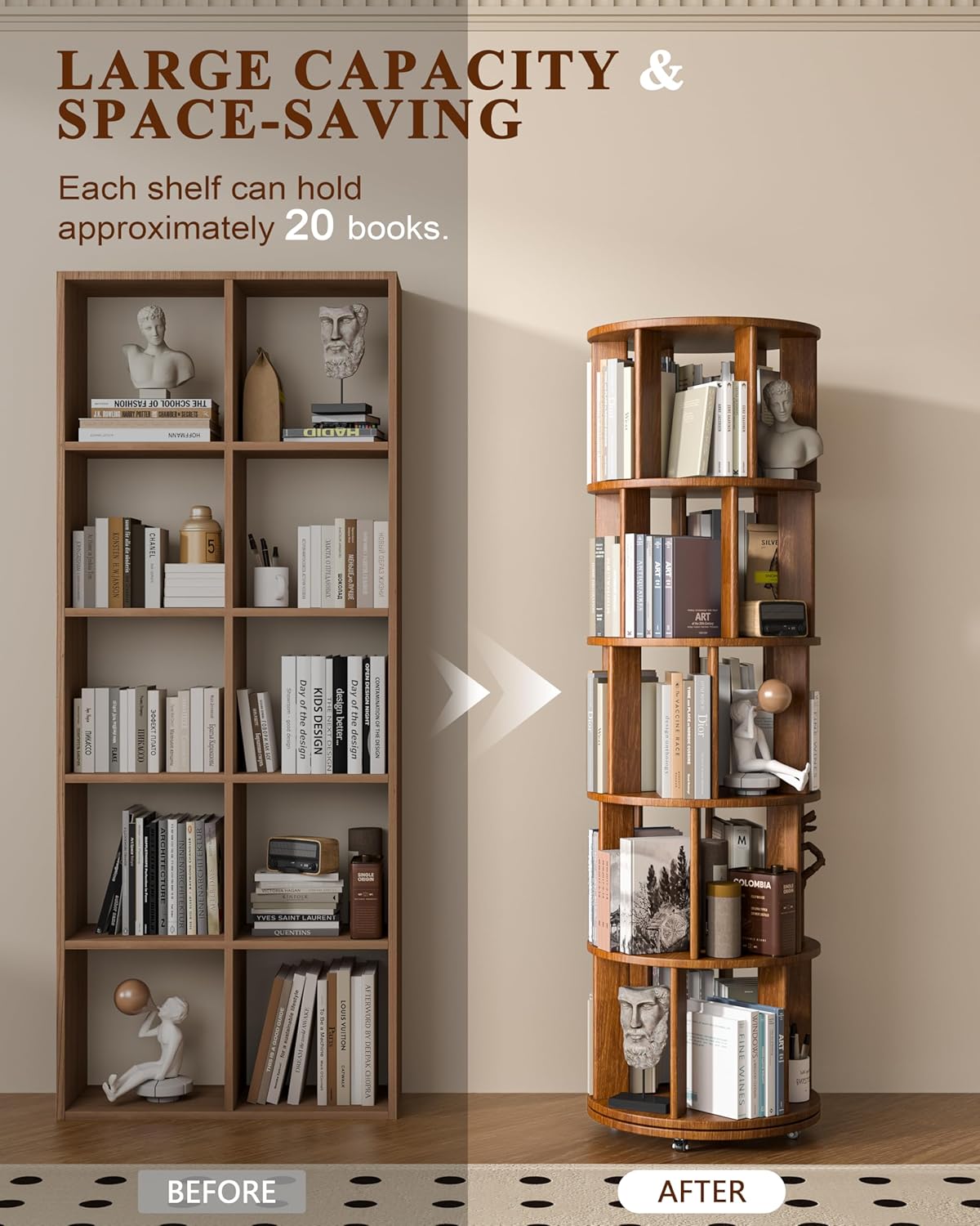 360° Rotating Solid Wood Bookshelf – Space-Saving Organizer for Modern Living