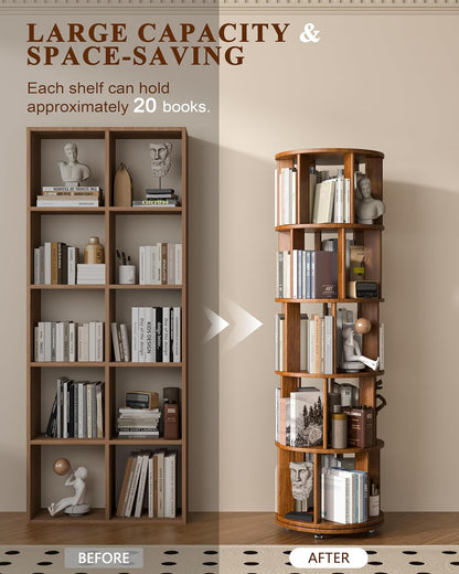 360° Rotating Solid Wood Bookshelf – Space-Saving Organizer for Modern Living