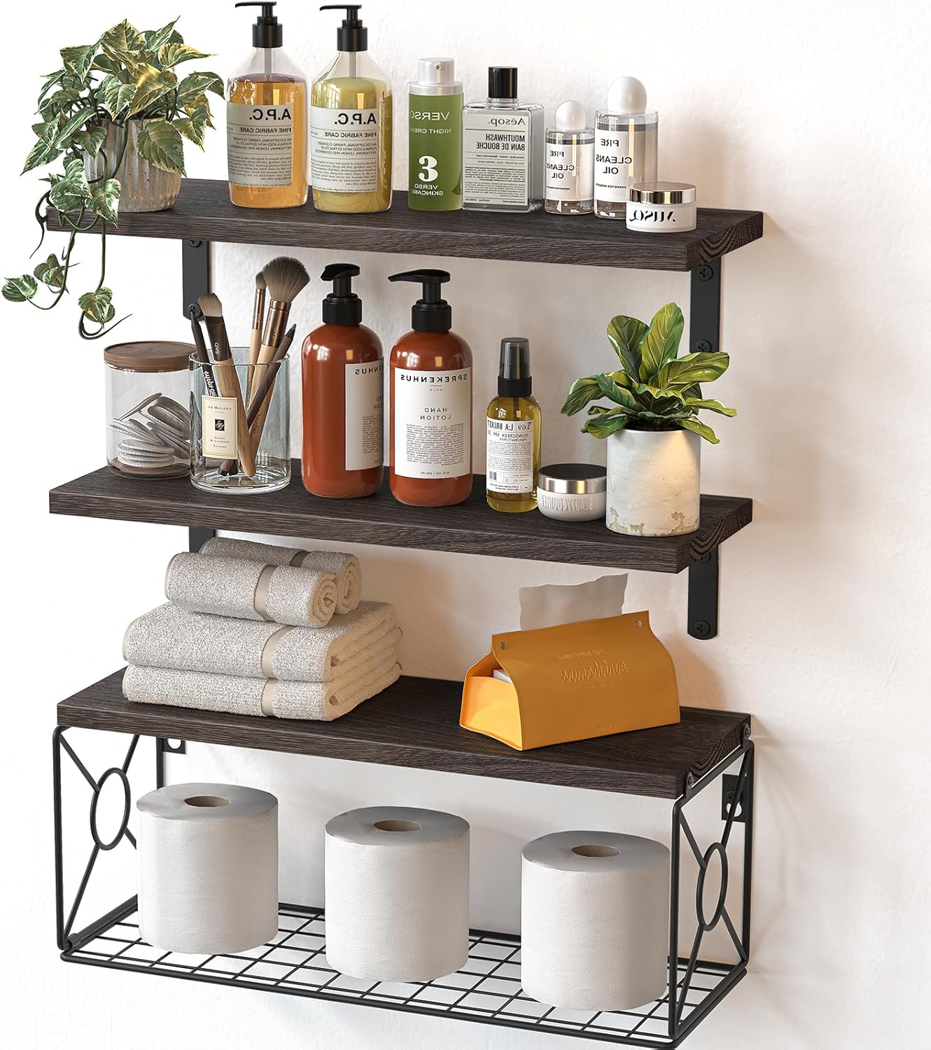 Floating Wall Shelves with Storage Basket – Natural Wood Bathroom & Home Organizer