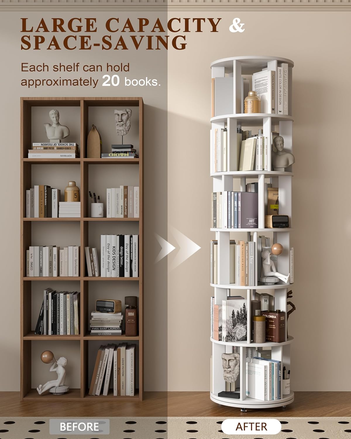 360° Rotating Solid Wood Bookshelf – Space-Saving Organizer for Modern Living