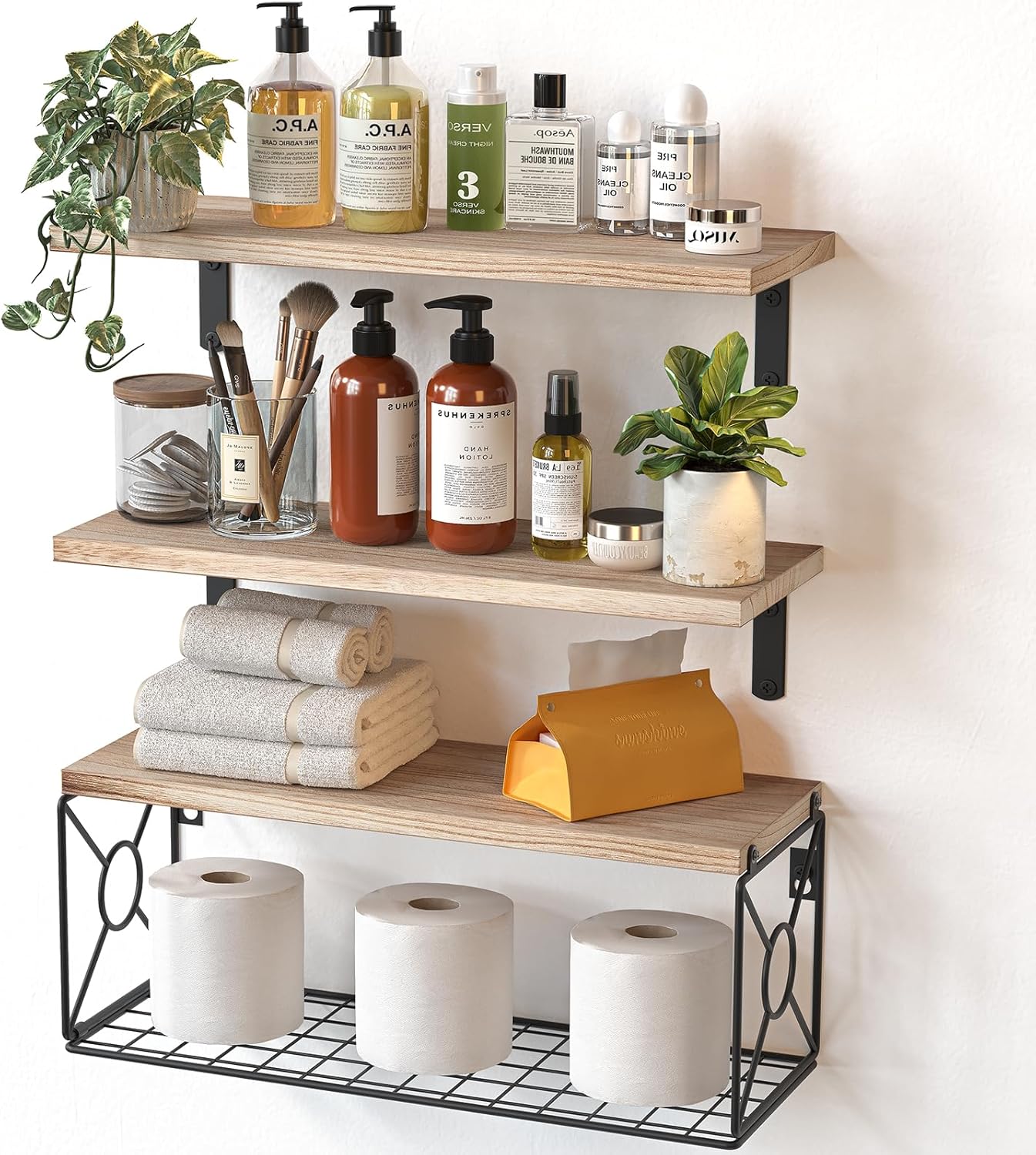 Floating Wall Shelves with Storage Basket – Natural Wood Bathroom & Home Organizer