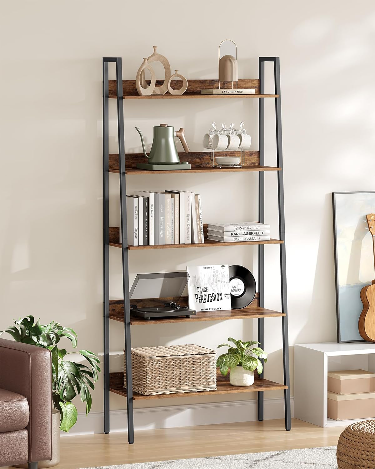 4-Tier Ladder Bookshelf – Industrial Storage Rack with Steel Frame for Living Room & Home Office