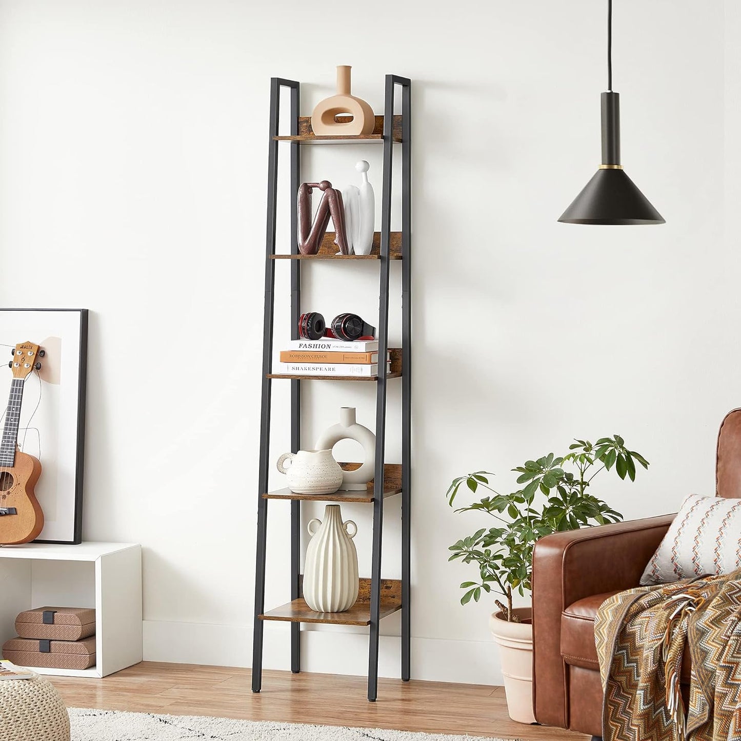 4-Tier Ladder Bookshelf – Industrial Storage Rack with Steel Frame for Living Room & Home Office