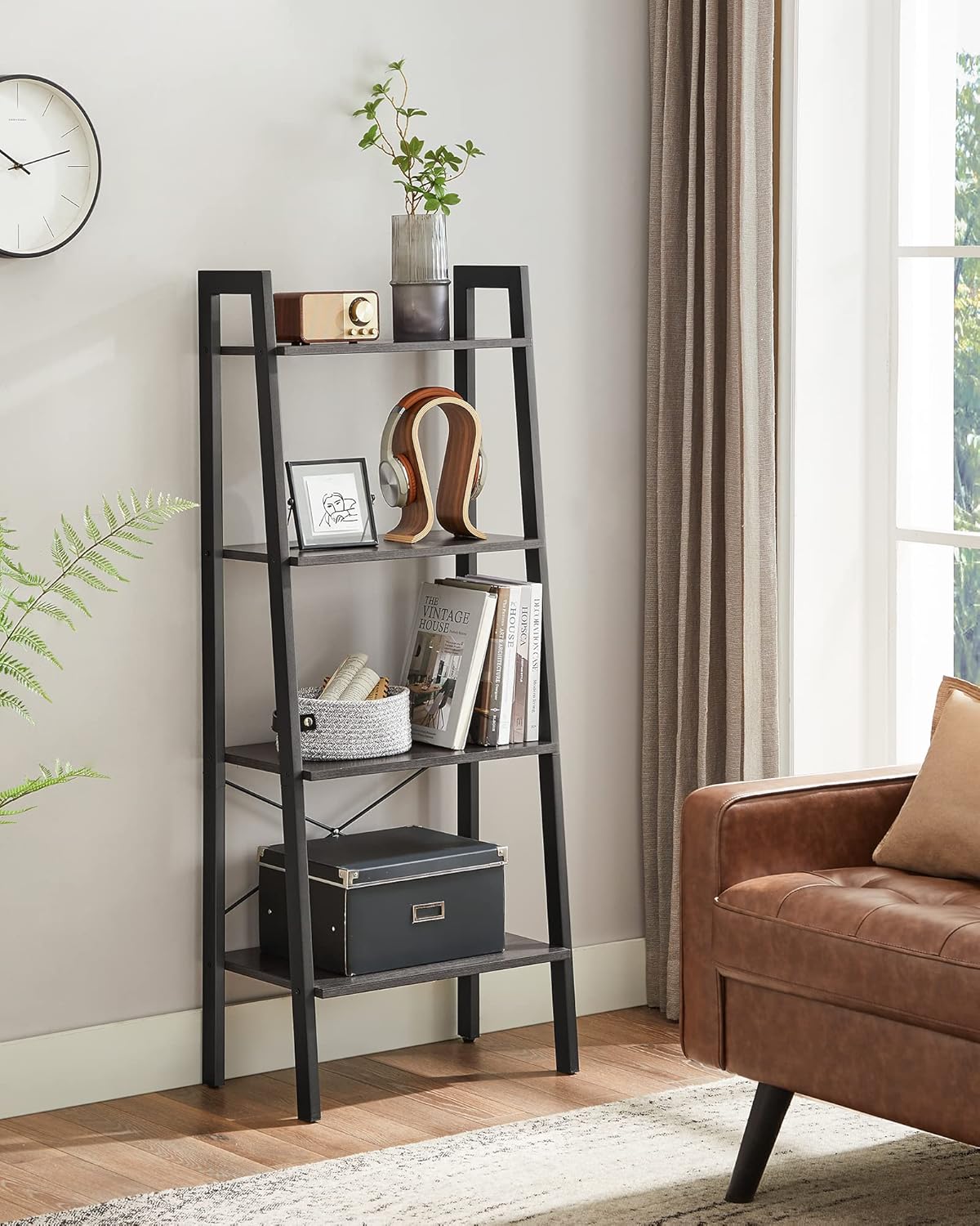 4-Tier Ladder Bookshelf – Industrial Storage Rack with Steel Frame for Living Room & Home Office