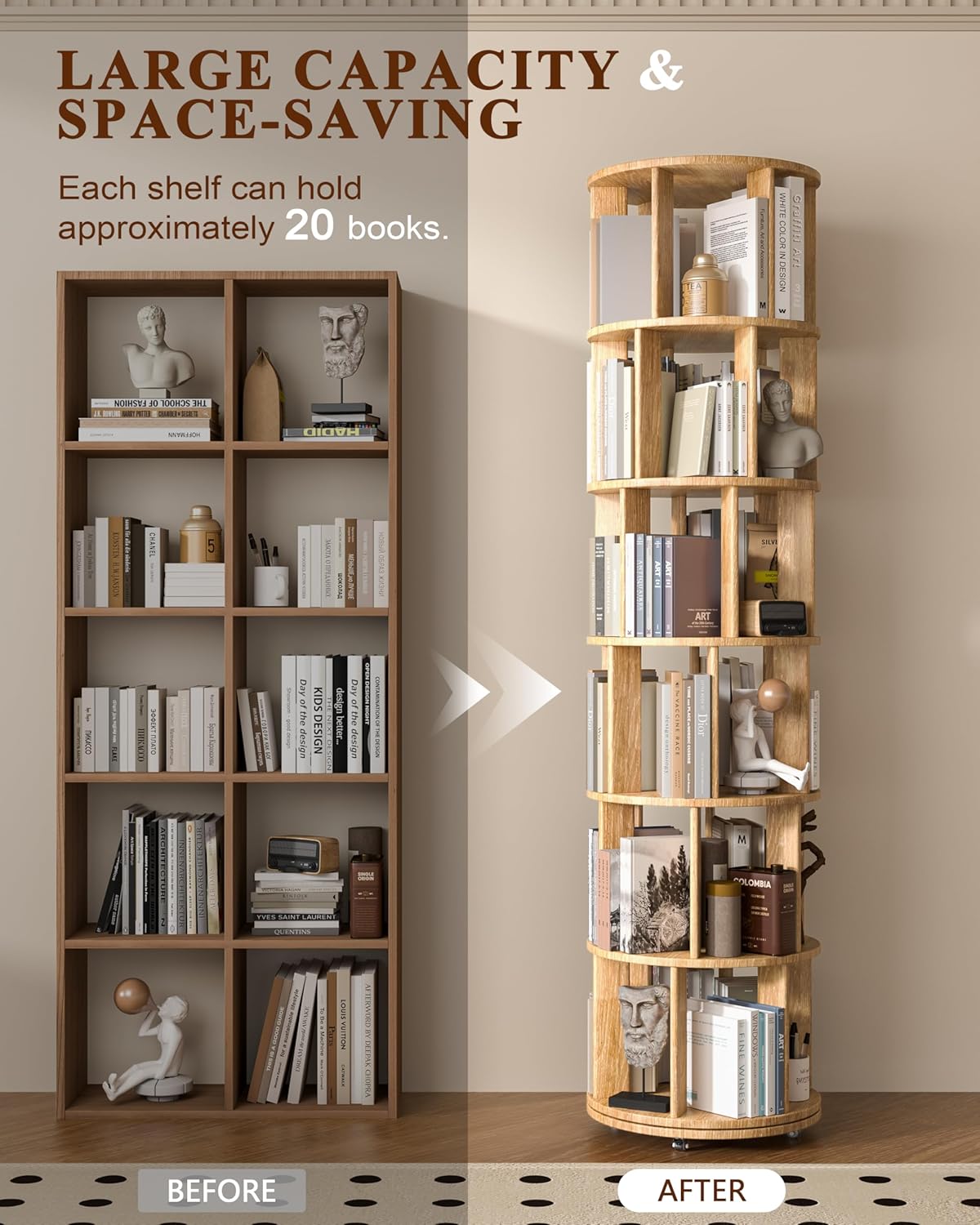 360° Rotating Solid Wood Bookshelf – Space-Saving Organizer for Modern Living
