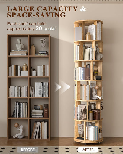 360° Rotating Solid Wood Bookshelf – Space-Saving Organizer for Modern Living