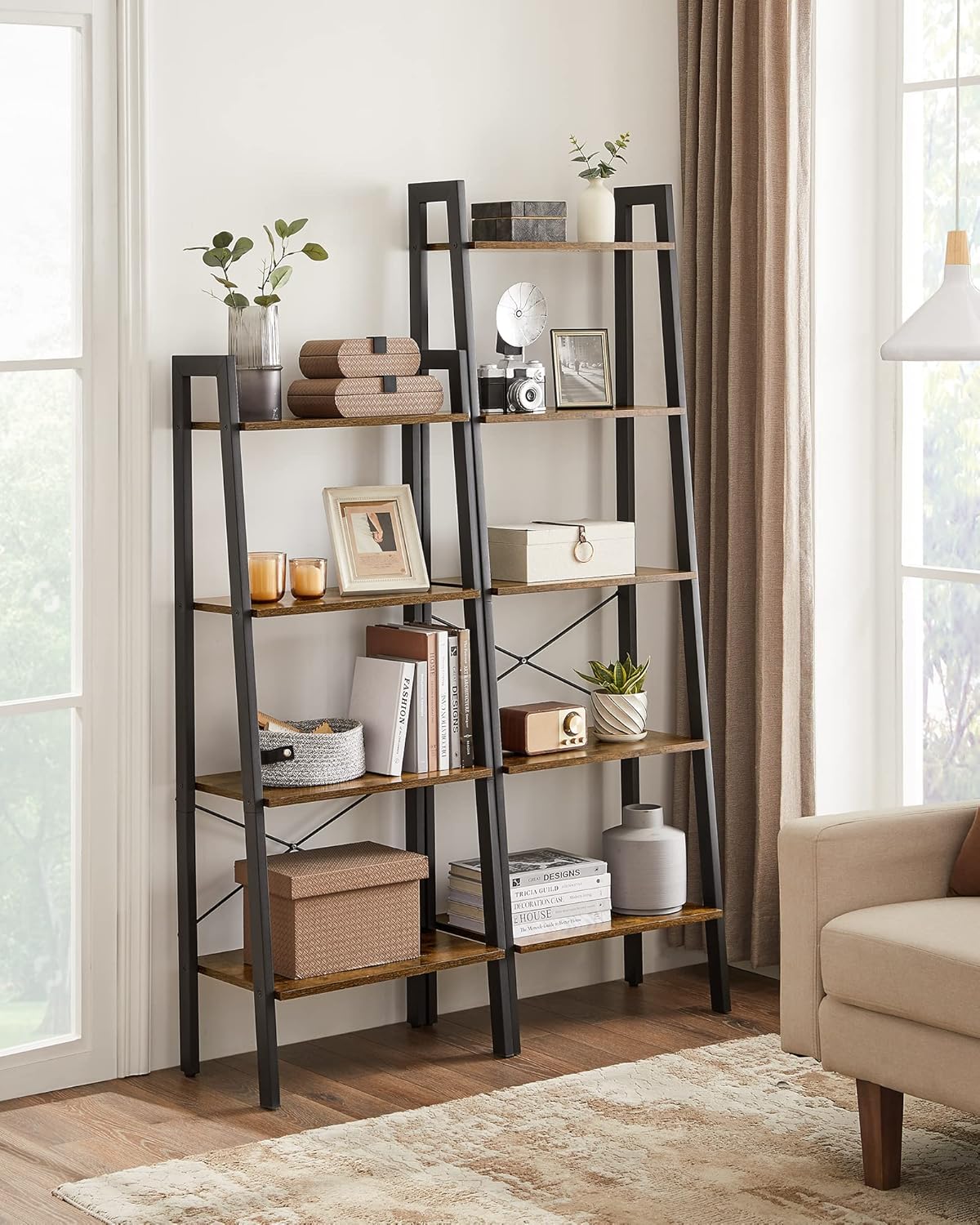 4-Tier Ladder Bookshelf – Industrial Storage Rack with Steel Frame for Living Room & Home Office