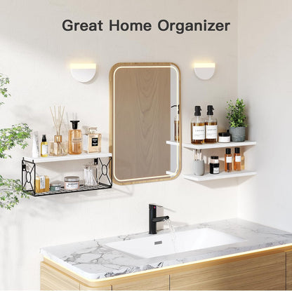 Floating Wall Shelves with Storage Basket – Natural Wood Bathroom & Home Organizer