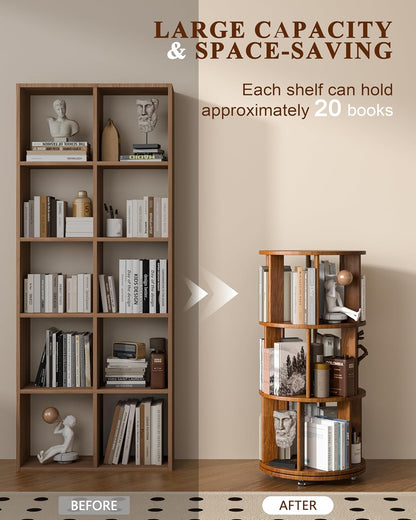 360° Rotating Solid Wood Bookshelf – Space-Saving Organizer for Modern Living