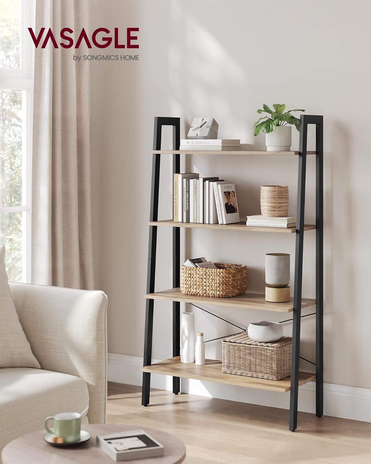 4-Tier Ladder Bookshelf – Industrial Storage Rack with Steel Frame for Living Room & Home Office