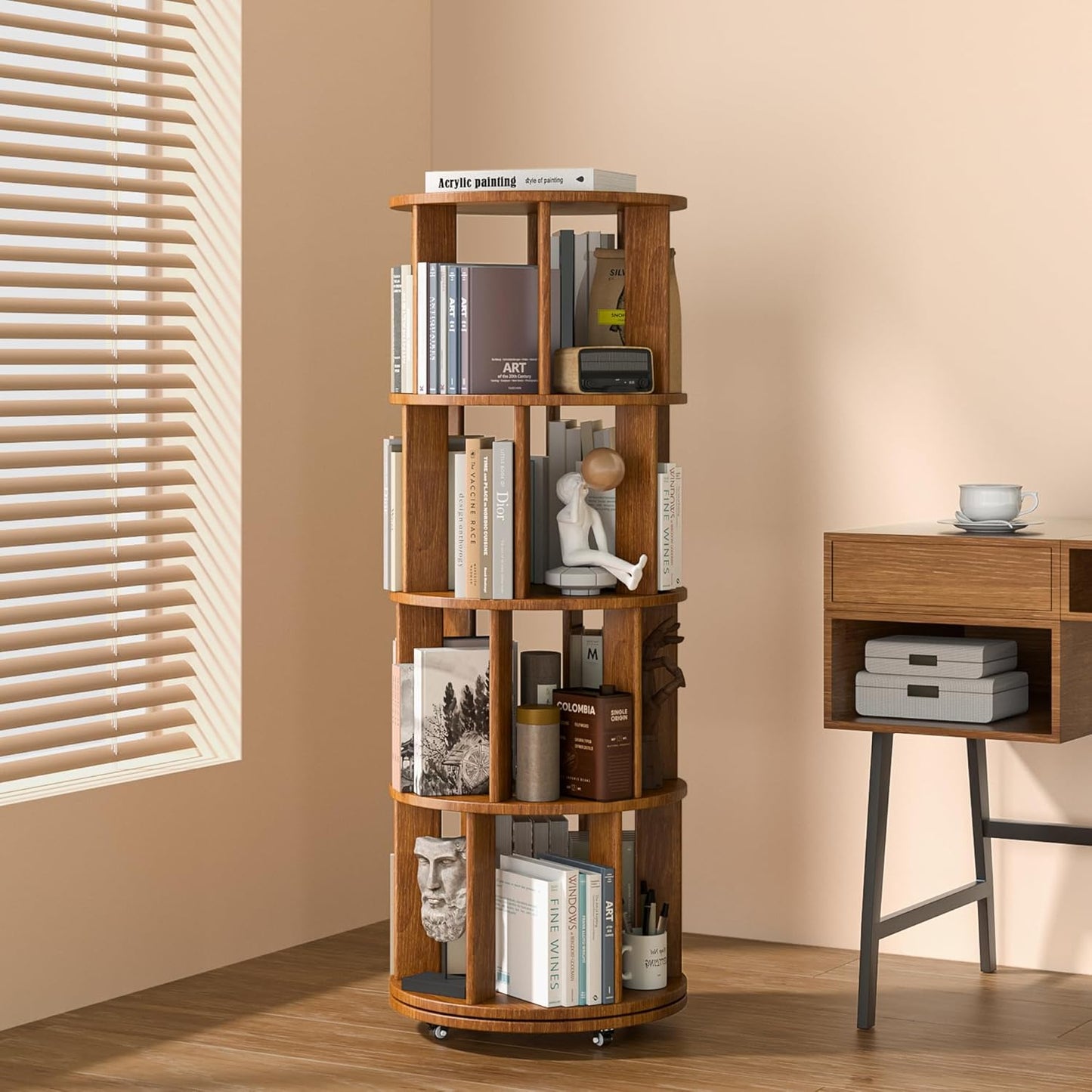 360° Rotating Solid Wood Bookshelf – Space-Saving Organizer for Modern Living