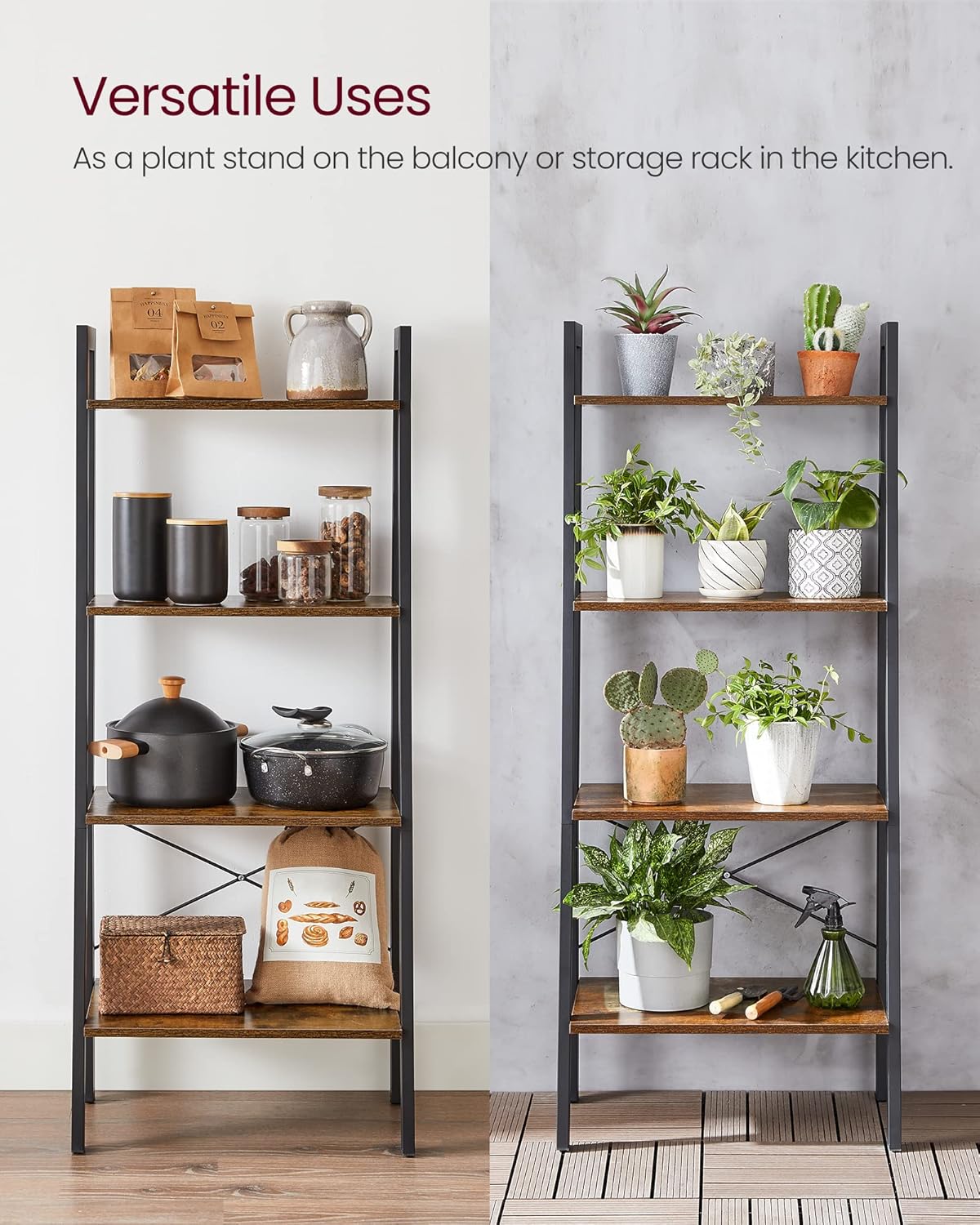 4-Tier Ladder Bookshelf – Industrial Storage Rack with Steel Frame for Living Room & Home Office