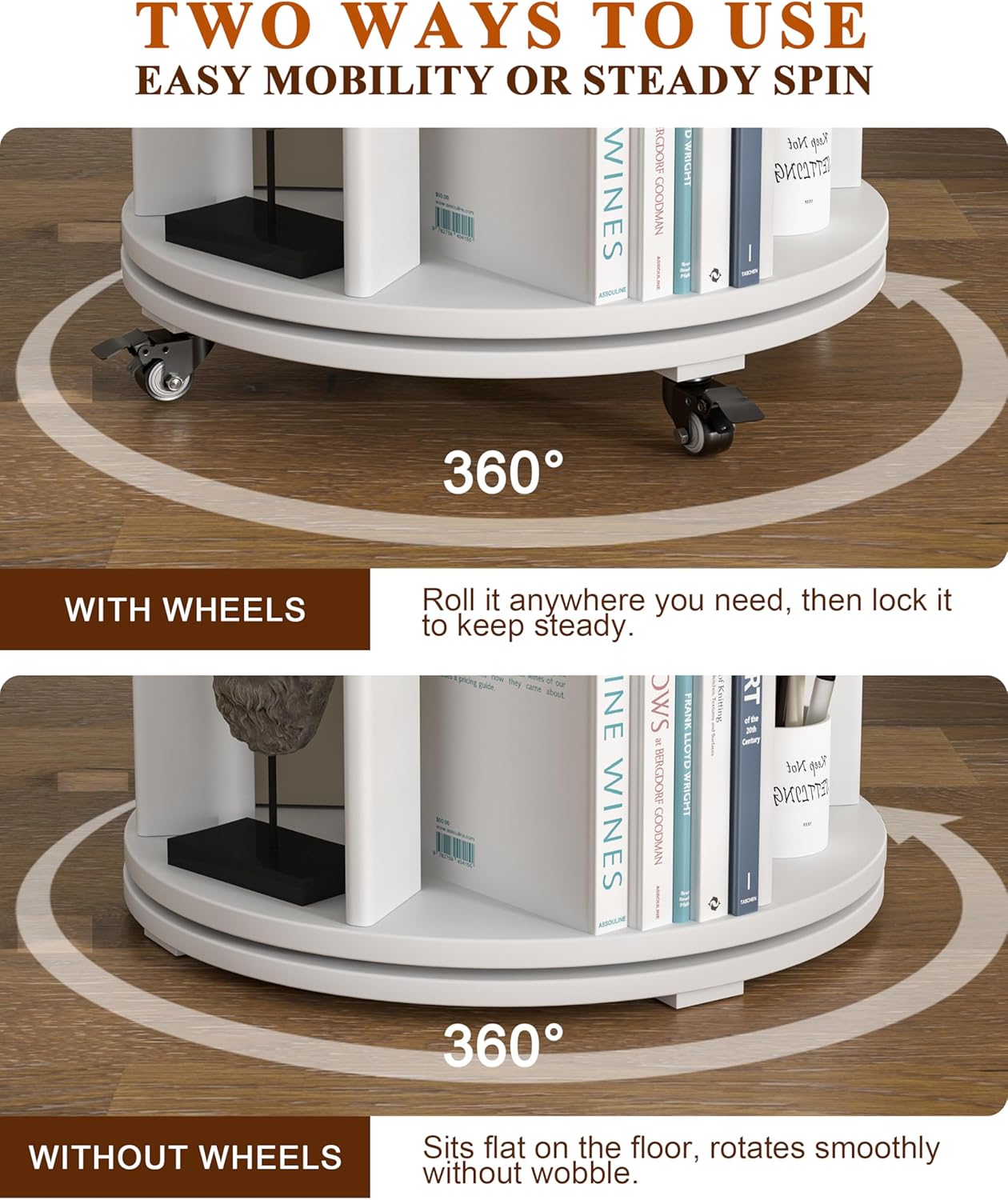 360° Rotating Solid Wood Bookshelf – Space-Saving Organizer for Modern Living